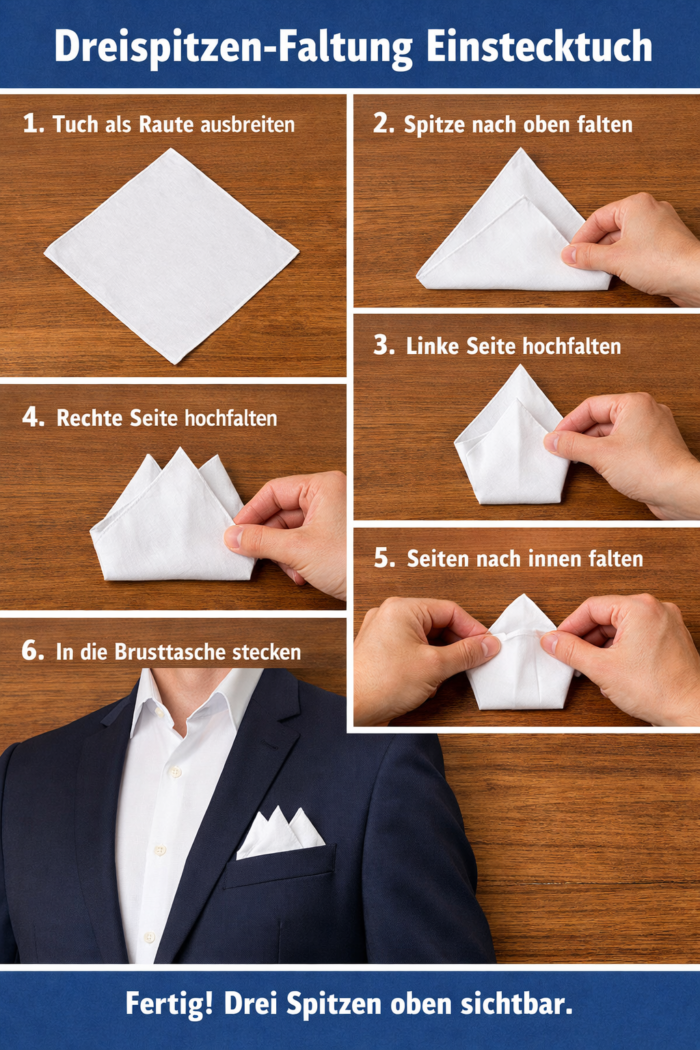 Dreispitzen-Faltung beim Einstecktuch stilvoll, klassisch und erstaunlich vielseitig